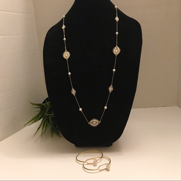 NY Style Jewelry - 2 Gemstone bracelets and Pearl necklace Gold Tone